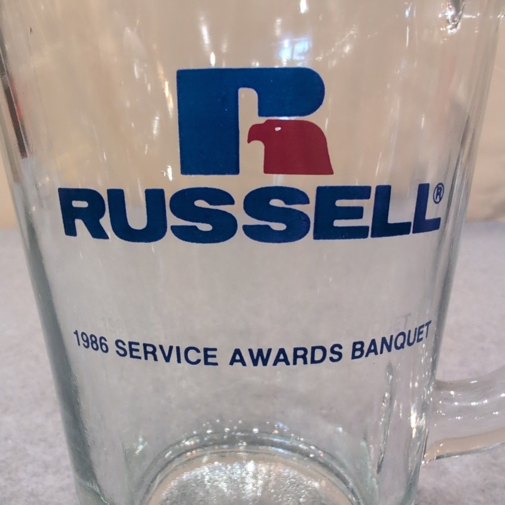 Vintage 1986 Russell Athletic Service Awards Banquet Glass Pitcher Clear Logo - Picture 2 of 4